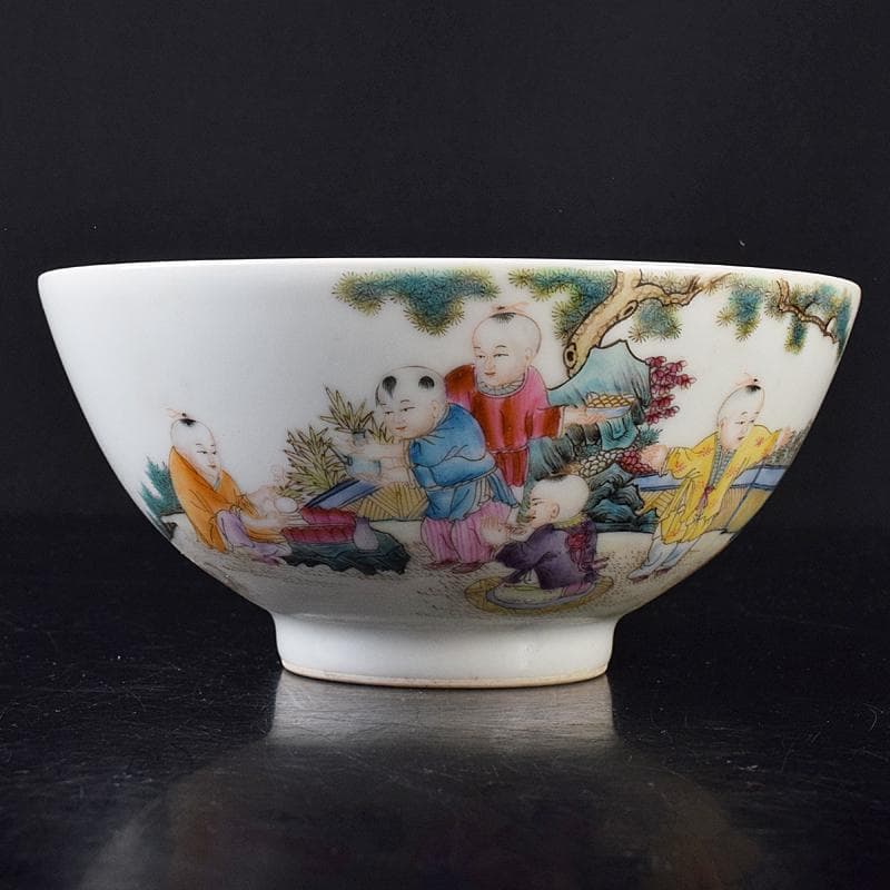 中国　雍正年製　粉彩漢詩唐子文碗　C　8019E