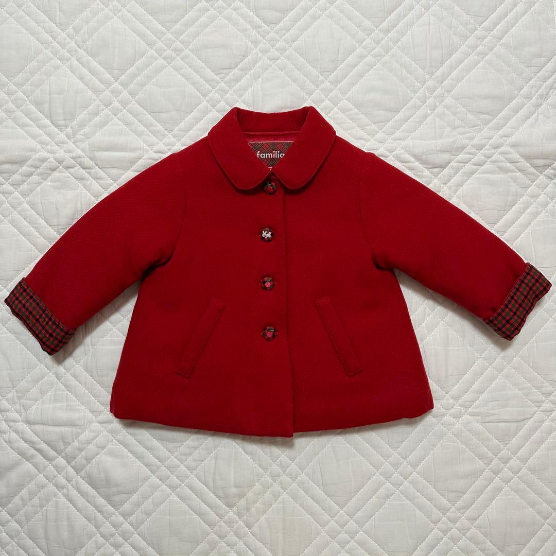 familiar ファミリア ウールコート 赤チェック くるみボタン 80