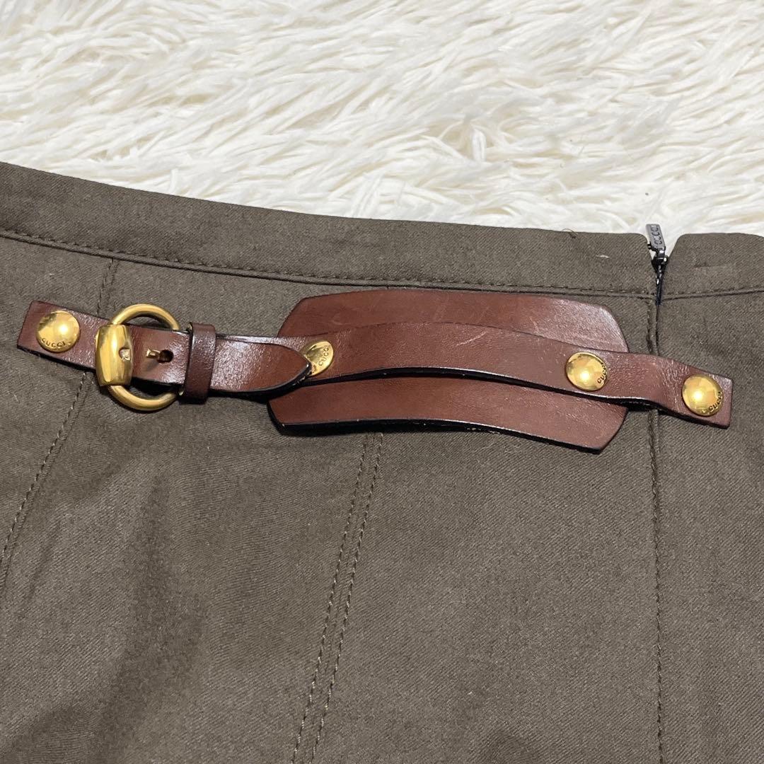 美品✨ GUCCI プリーツスカート ビット レザー 金ボタン ウール カーキ
