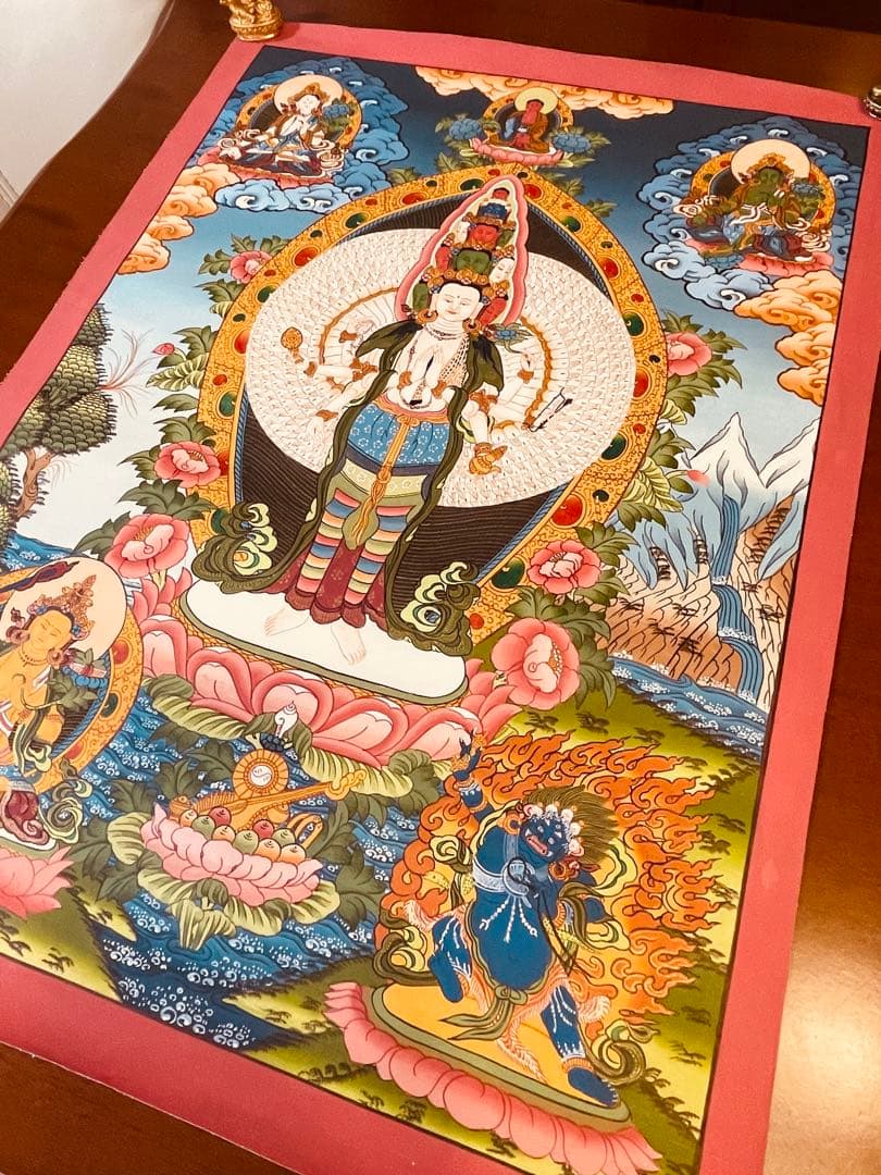 新品手描き 肉筆画 ロケショワー 十一面観音 タンカ 曼荼羅 チベット密教 仏画