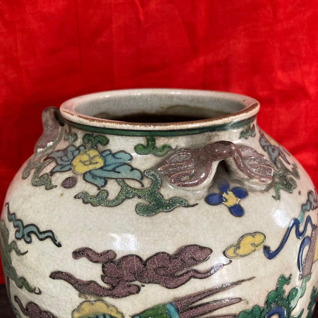 中国　色絵　三耳壺　鳳凰図