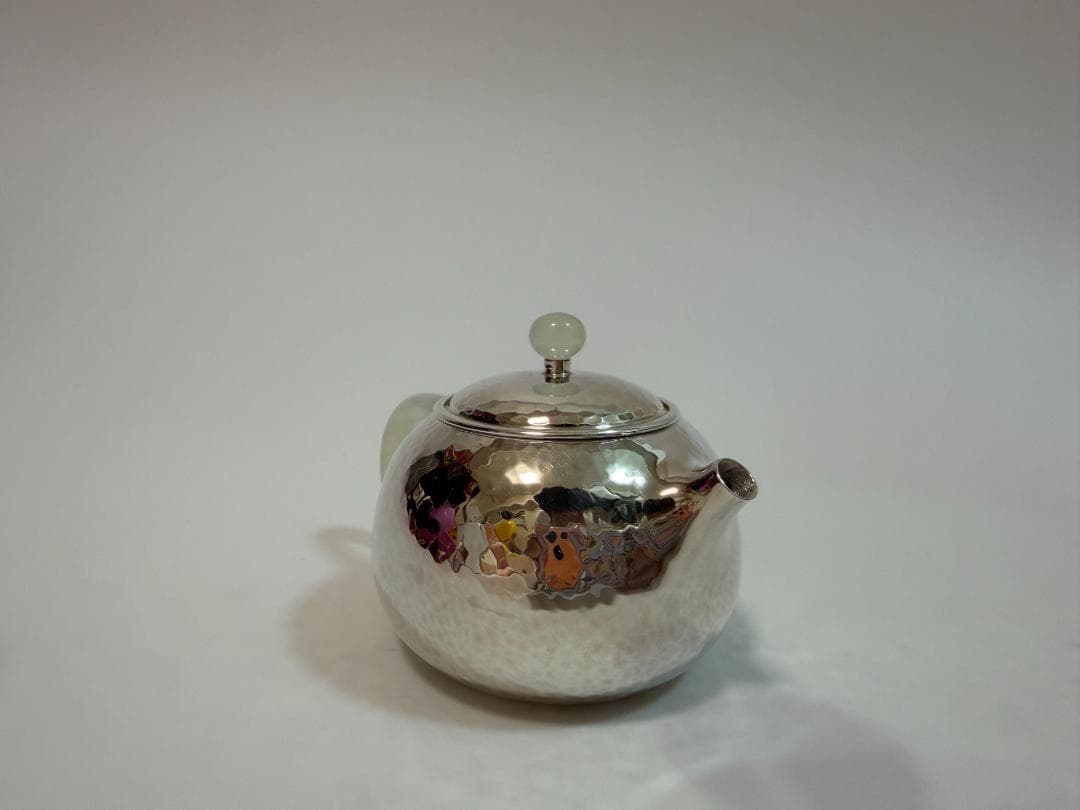 純銀製 丸形 玉石摘 鎚目紋 急須 銀瓶 煎茶道具