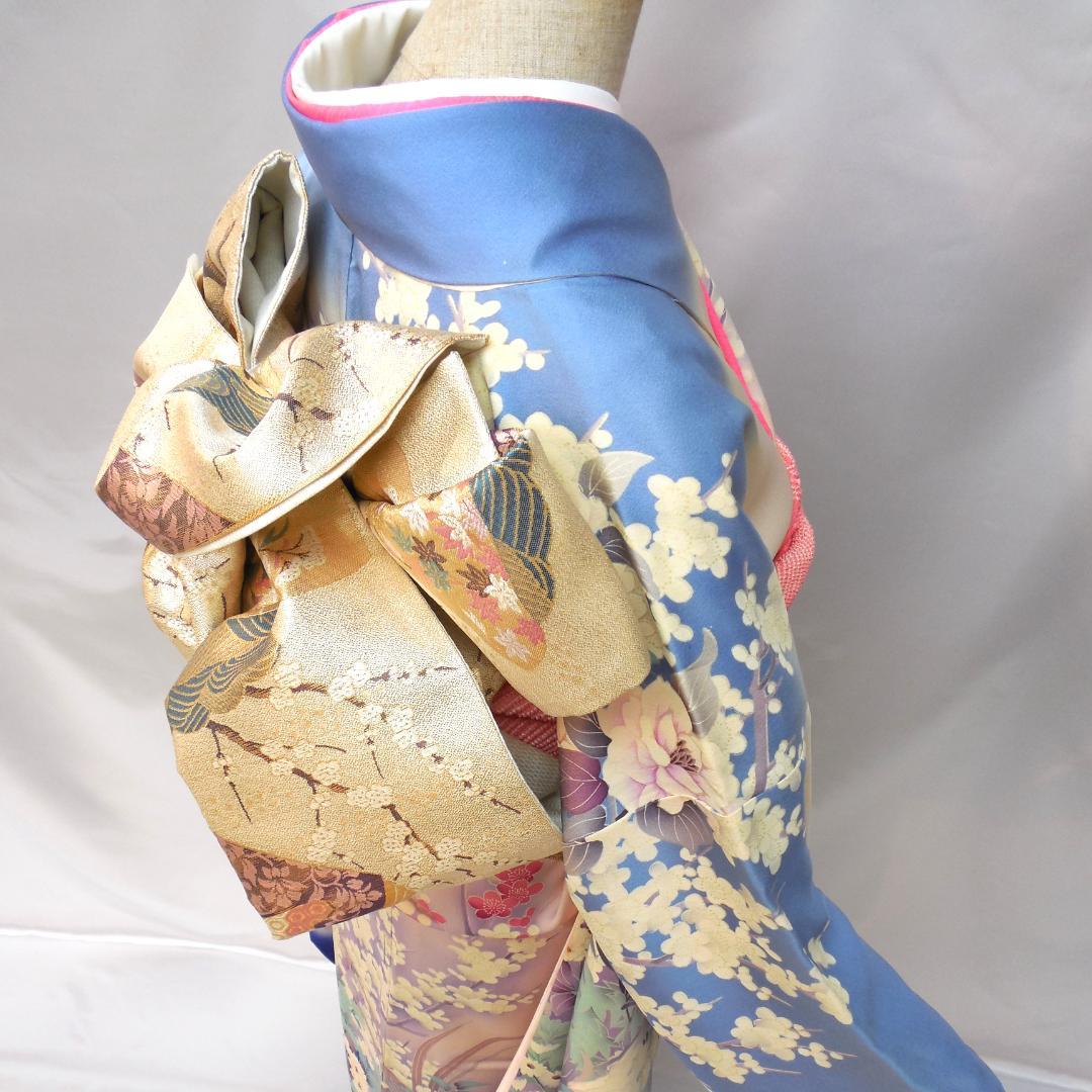 美品★振袖フルセット　正絹　成人式　振袖　7点セット　Mサイズ　水色　花柄