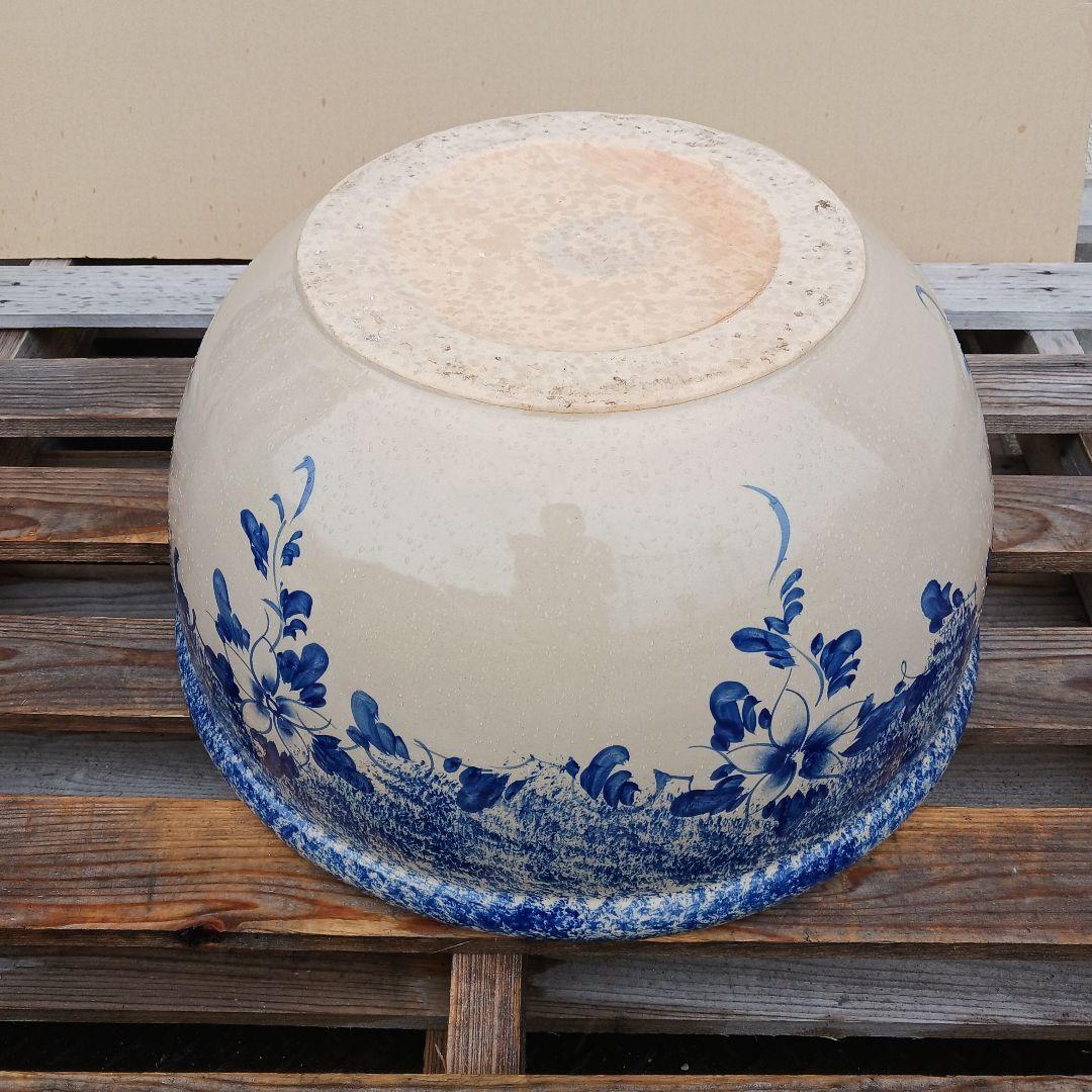 新品　∅50　陶器　睡蓮鉢　特大　難有　メダカ鉢　手書き絵　花柄　手造　LFB1