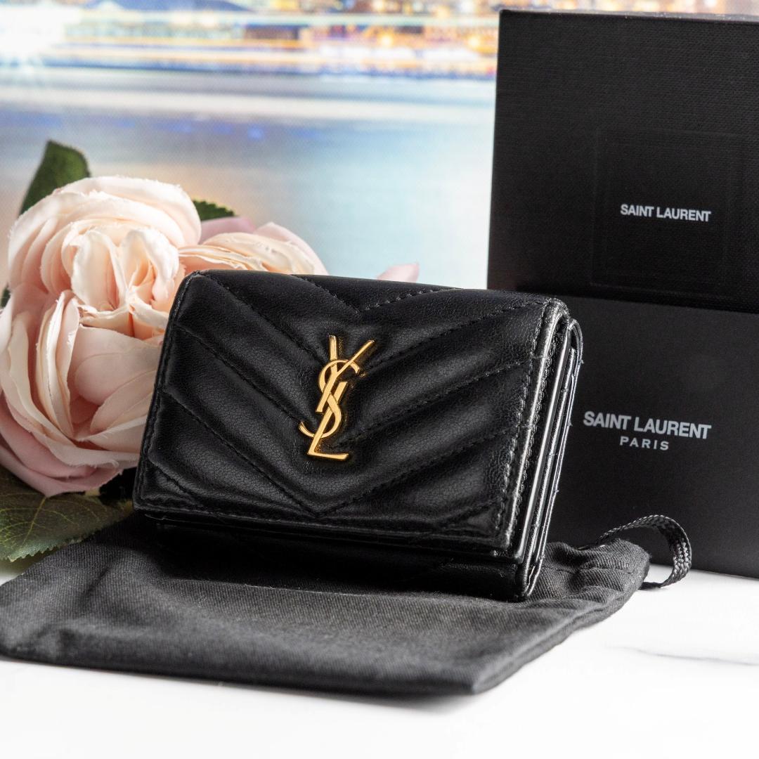 渡辺和敬 【箱付き】 綺麗✨サンローラン ラムスキン三つ折りミニ財布黒 金