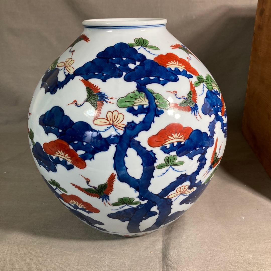 【源右衛門】古伊万里の伝統　日本の名窯　舘林源右衛門作　染錦松鶴文　花瓶