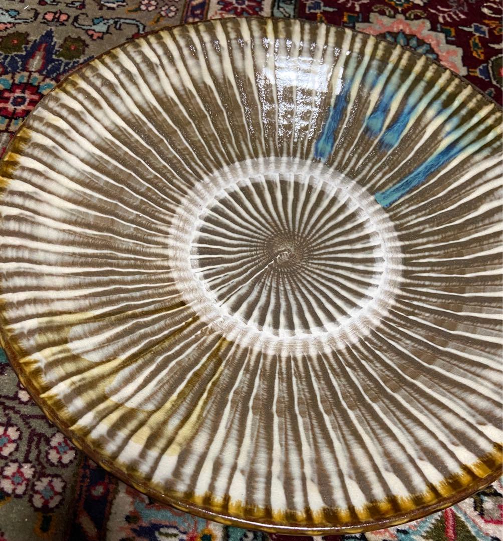 黒木釜　小鹿田焼　大皿　唐臼　飛び鉋　刷毛目　釉薬二色がけ　美品　窯元購入