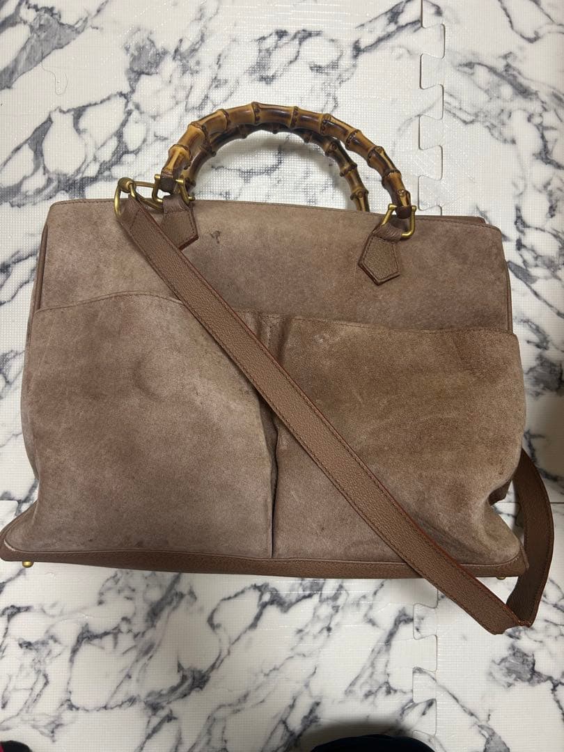 GUCCI　バンブーハンドルモスグリーン スエード レザートートバッグ