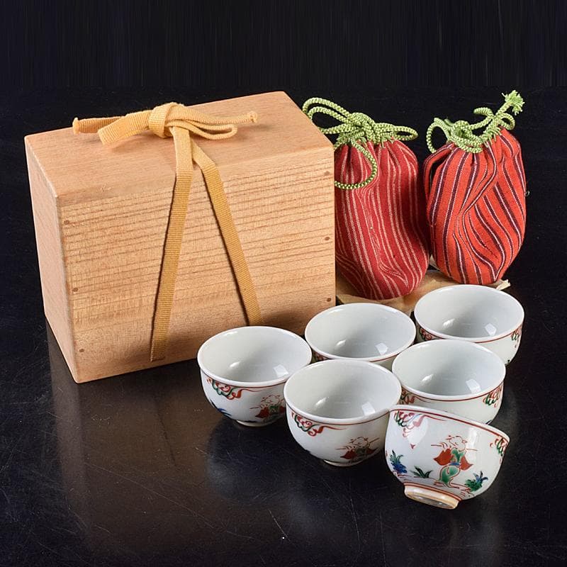 煎茶道具　九谷焼　赤絵　人物文　煎茶碗　六客　仕覆・時代箱付　M　R7559