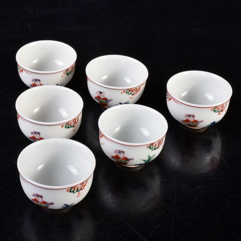 煎茶道具　九谷焼　赤絵　人物文　煎茶碗　六客　仕覆・時代箱付　M　R7559