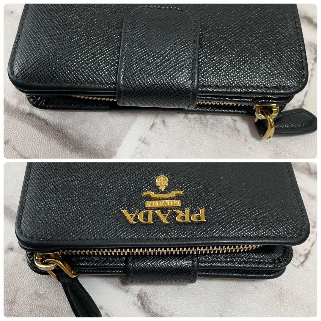 未使用級✨プラダ　現行　２つ折り財布　バイカラー　黒×ピンク　RFIDタグ