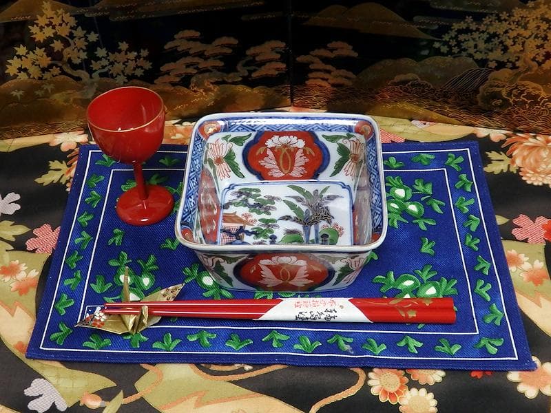 古伊万里　金襴手　欄干に芭蕉葉の図　四方角向付　A105AS-BQi