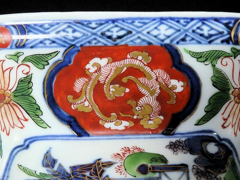 古伊万里　金襴手　欄干に芭蕉葉の図　四方角向付　A105AS-BQi