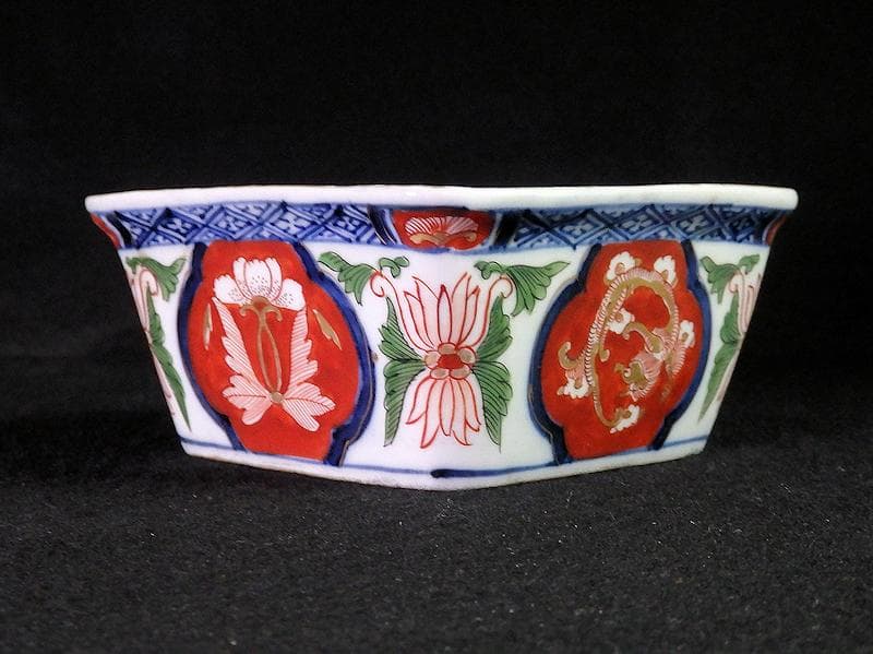 古伊万里　金襴手　欄干に芭蕉葉の図　四方角向付　A105AS-BQi