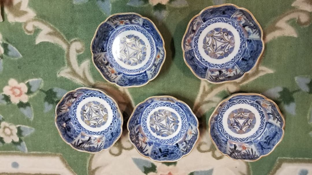 値下げ限界江戸後期蛇の目高台上手古伊万里 冨貴長春在銘 輪花なます皿 5客セット