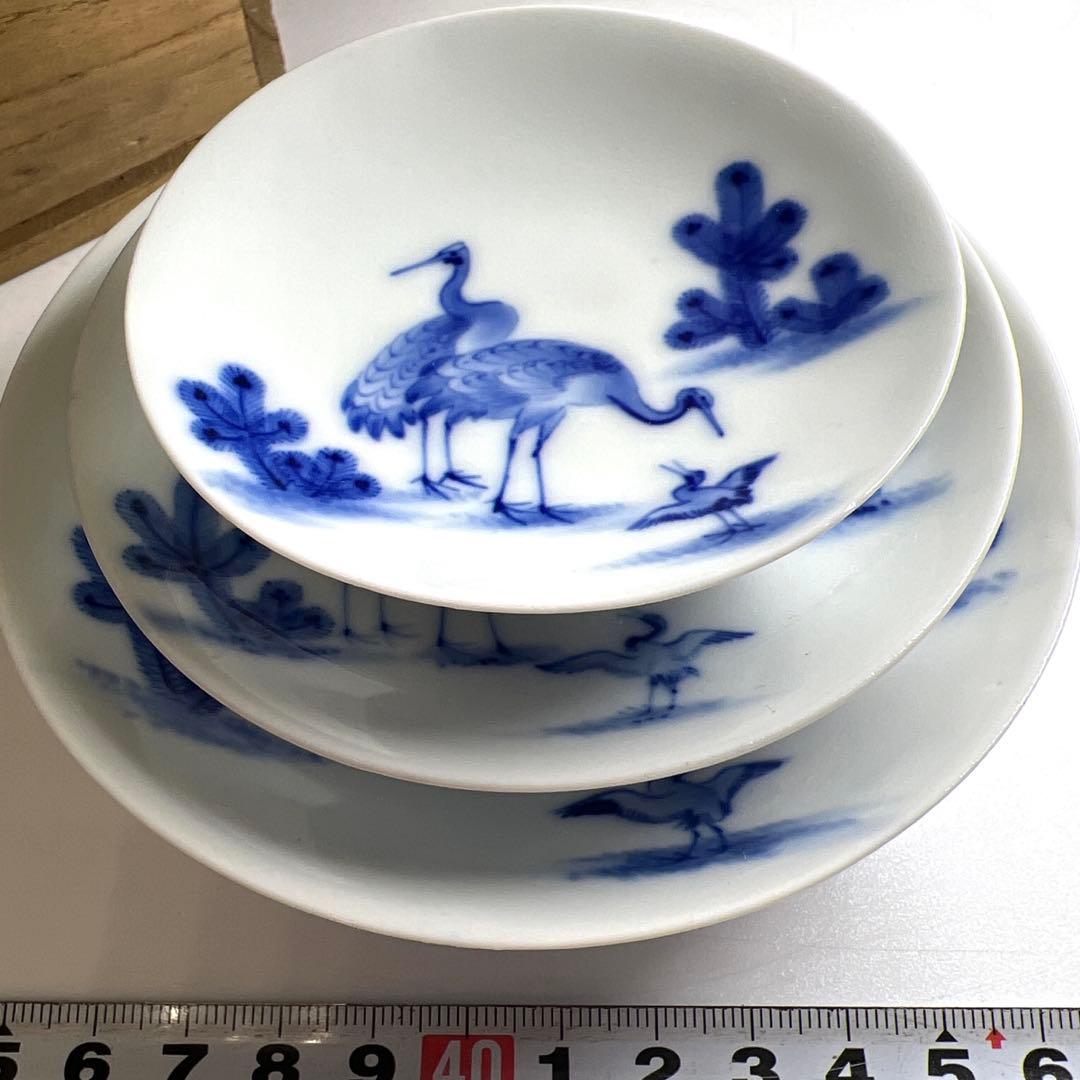 時代　深川製　染付三ツ盃　木箱付　直径11.6/9.6/7.9㎝