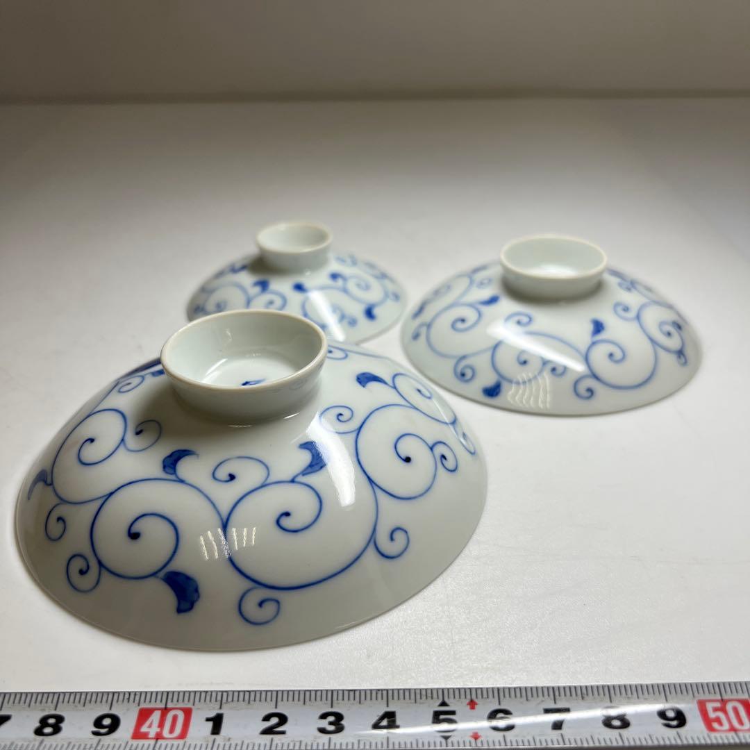 時代　深川製　染付三ツ盃　木箱付　直径11.6/9.6/7.9㎝