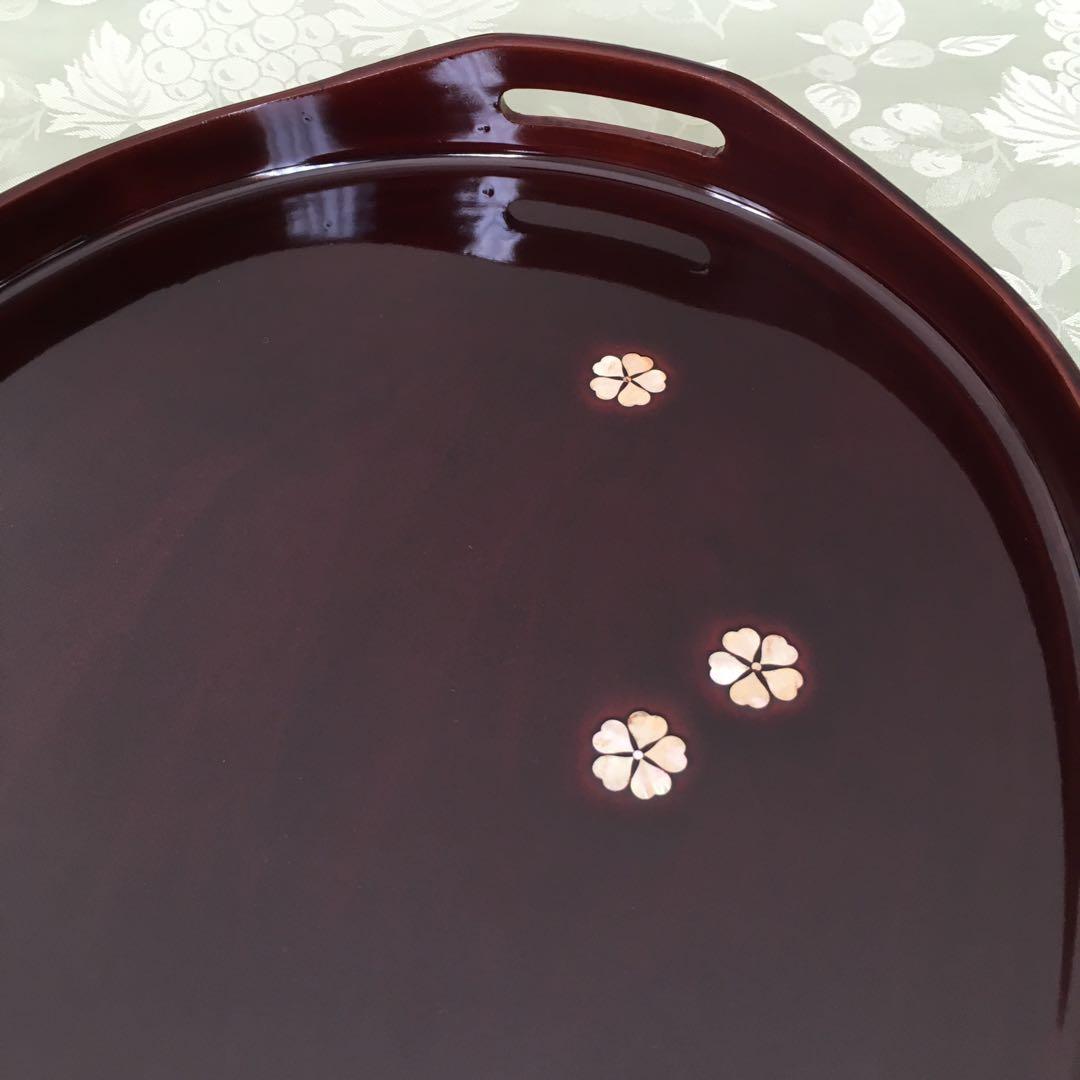 GG様リクエスト　輪島塗り　田村製/螺鈿桜文/ラウンド型手付き盆　ボルドーカラー