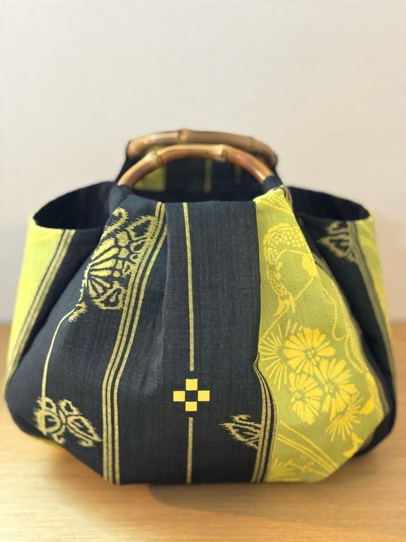 和装バック　着物バック　琉球柄　蝶と鯉みんさー柄（黄色）　入学卒業結婚七五三振袖