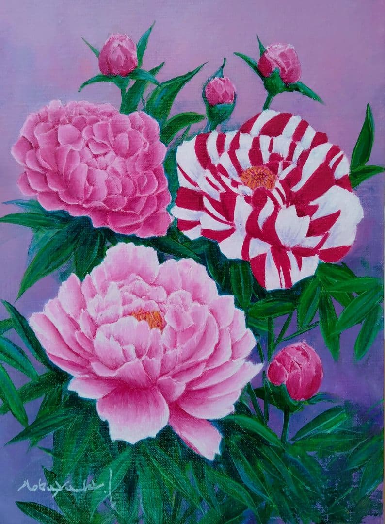 油絵　百花王（牡丹）洋画家・池畠史幸　新作肉筆画