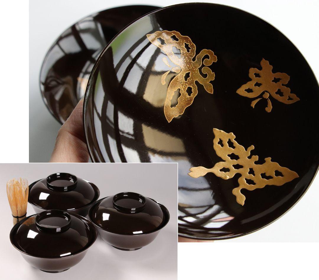 CK75 時代 木製漆器 輪島塗 蝶金蒔絵 黒塗椀 三客 天然木 梨地