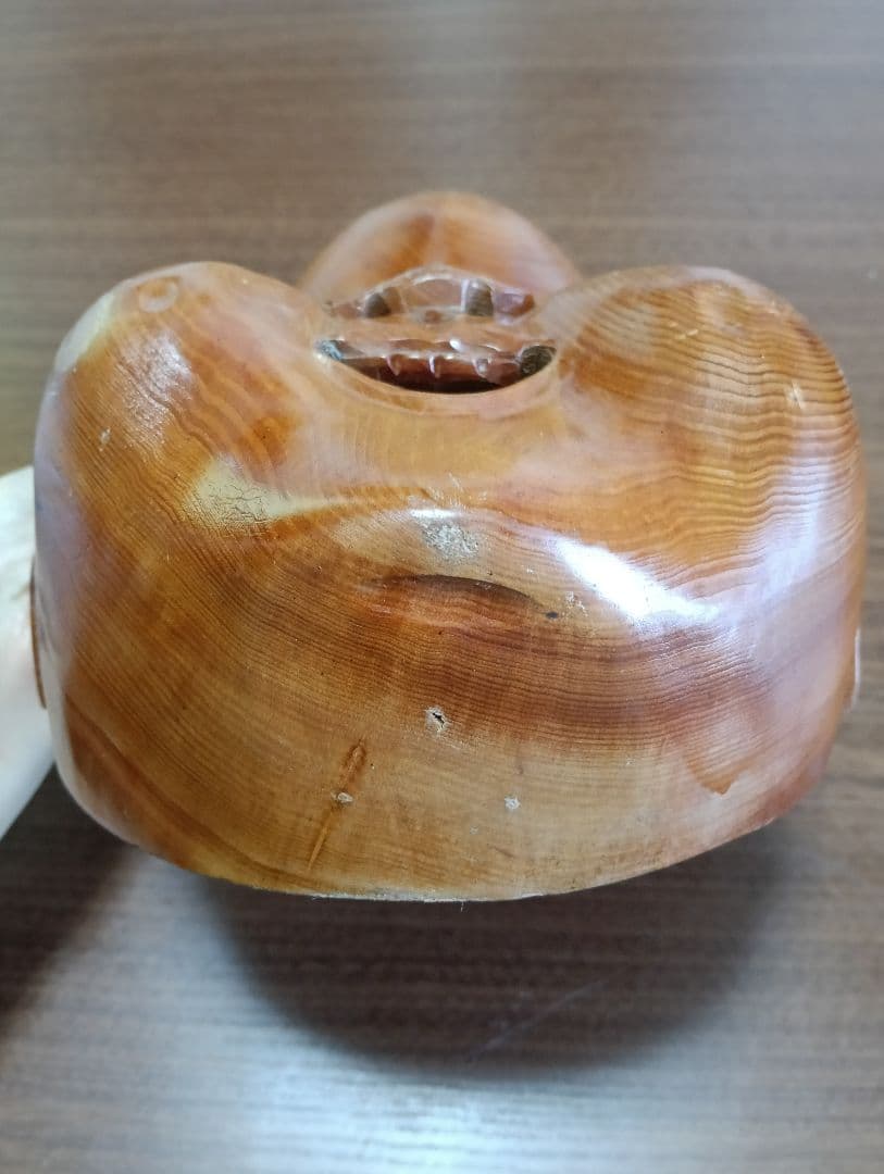 骨董　木製面　おかめ 　縁起物　手掘り　木彫り　壁掛け　お面　A