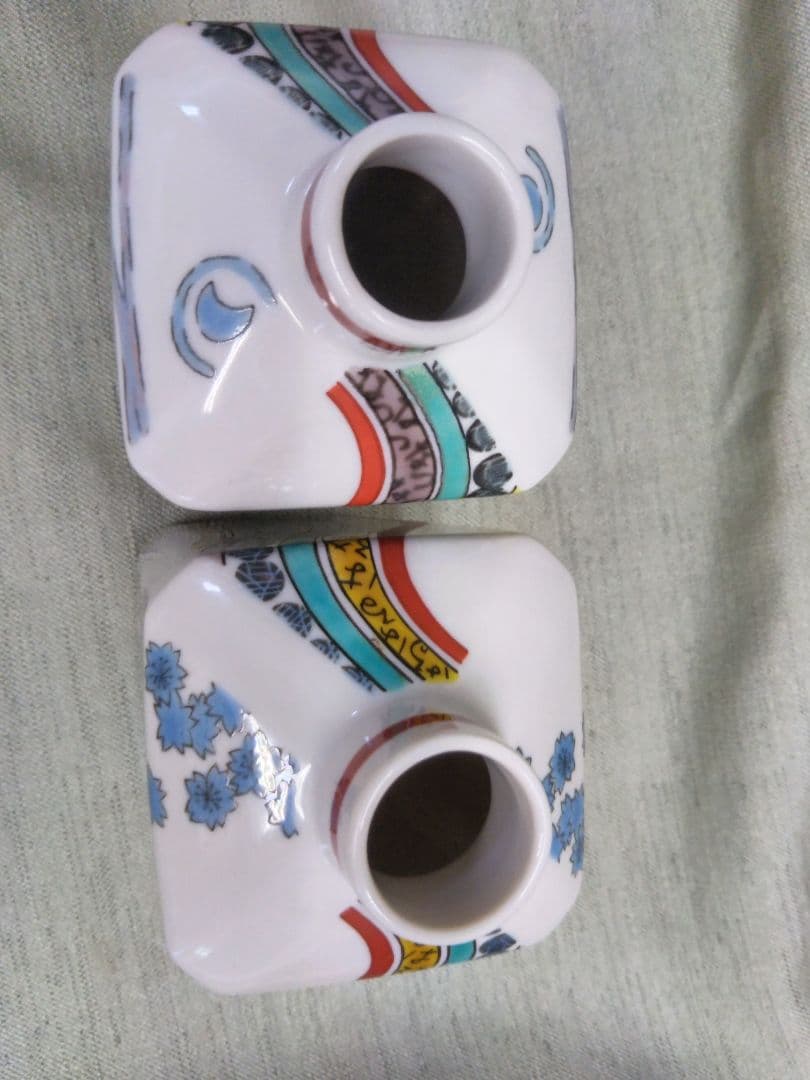 九谷焼　武腰潤　色絵角徳利　花瓶　春夏