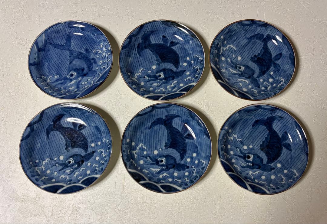 中国古玩　新渡 染付　皿　在銘　唐物 時代物 6枚セット　鯱鉾