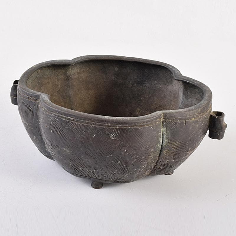 中国　古銅　波刻　木瓜形双耳香炉　M　R8837