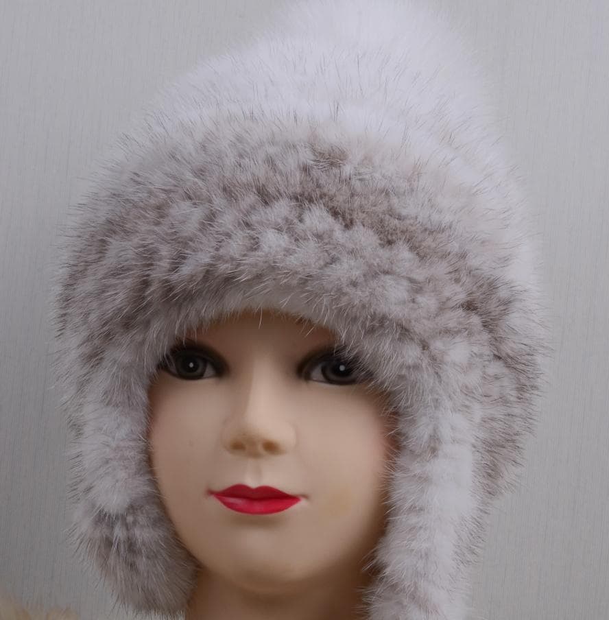 新品限定 耳あて付き上質クロスミンク編みこみ帽子フォックスポンポン付き毛皮ファー