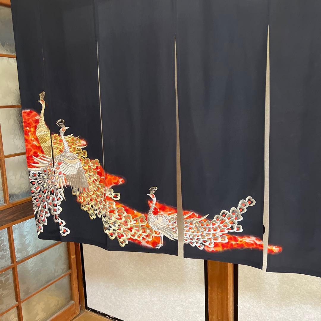 113/101,着物リメイクーのれん、鳳凰、刺繍加工、！