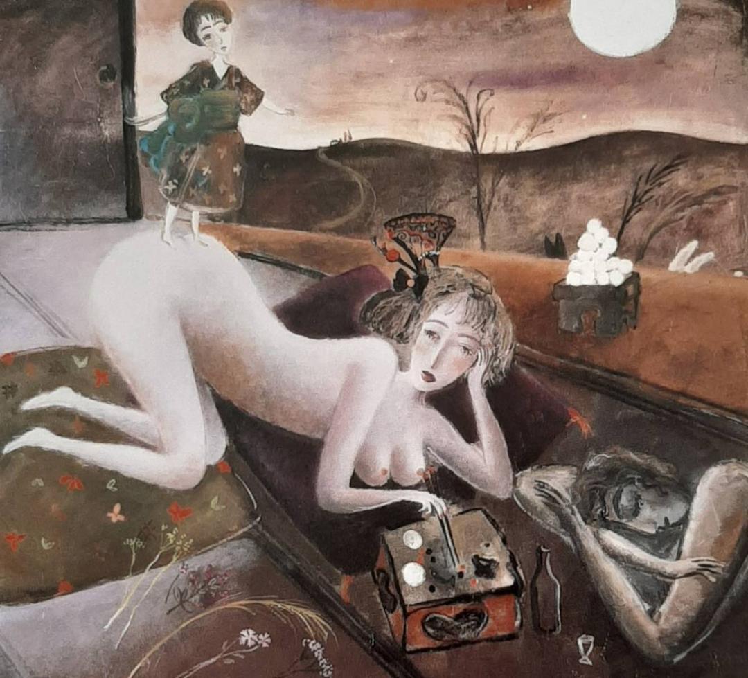 織田広比古、「月の下で」、希少画集の額装画、四季、風景、人気作品