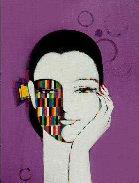 油絵 菅家令子 絵 絵画インテリア額付(青緑＋金色の枠) F6-082211女性