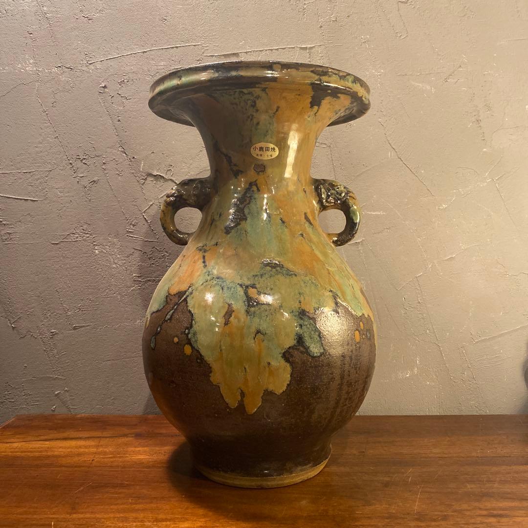 民陶 小鹿田焼 流釉 双耳広口大壺 花器 インテリア 骨董品