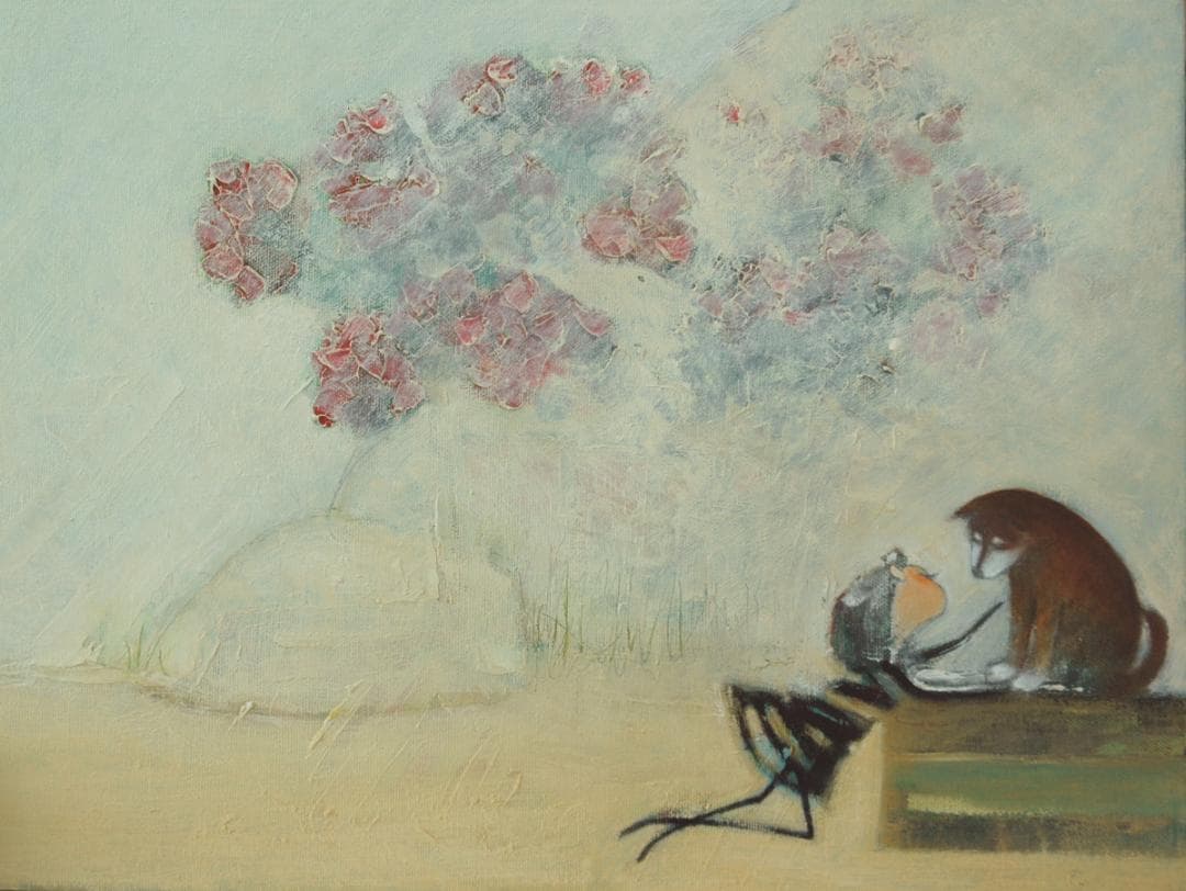 油絵菅家令子 絵 絵画インテリア額付(青緑＋金色の枠)uF6-071619犬女子