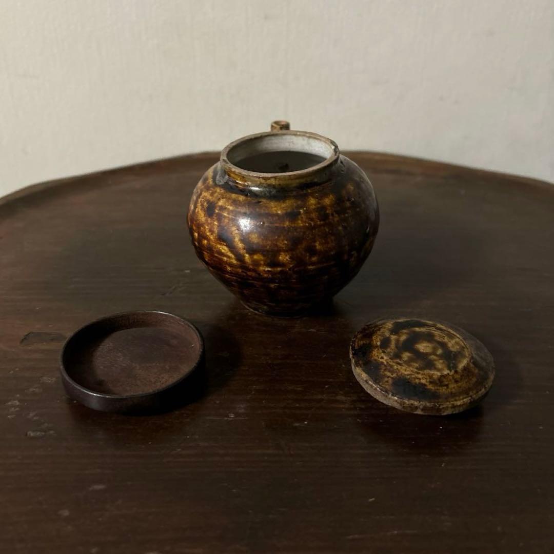 李朝飴釉薬蓋つき注ぎ口　酒器　煎茶　花入　アンティーク　古美術　骨董　　古美術