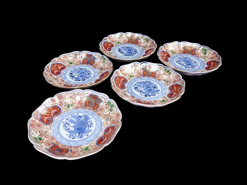 大聖寺伊万里　金襴手　草花に亀甲紋の図　４寸皿　５枚　233AS-CVy