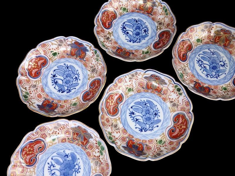 大聖寺伊万里　金襴手　草花に亀甲紋の図　４寸皿　５枚　233AS-CVy