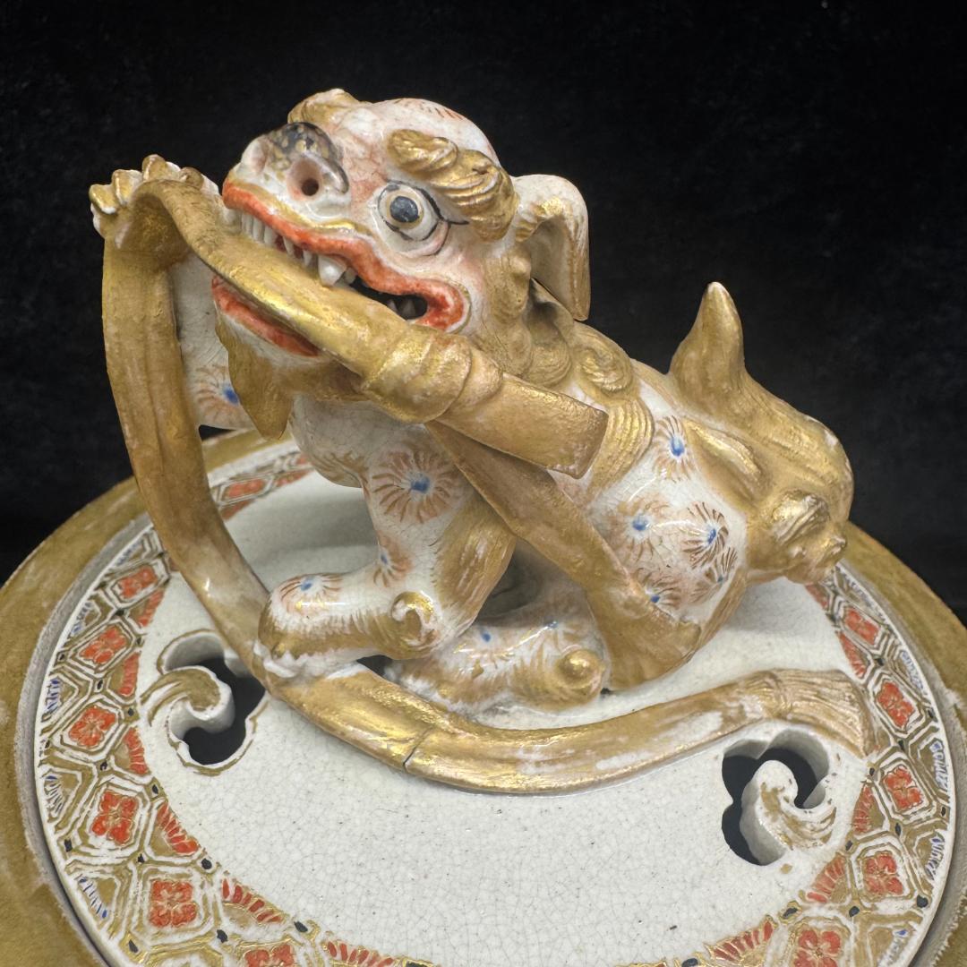 希少！薩摩焼 武将図 金彩香炉 獅子摘 古薩摩 箱付 名家旧蔵 明治時代 耳キズ