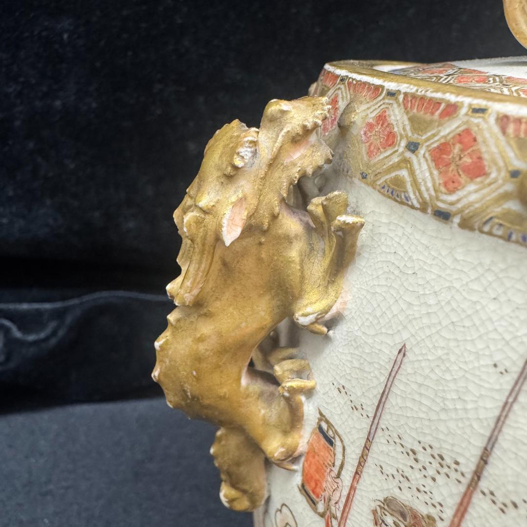 希少！薩摩焼 武将図 金彩香炉 獅子摘 古薩摩 箱付 名家旧蔵 明治時代 耳キズ