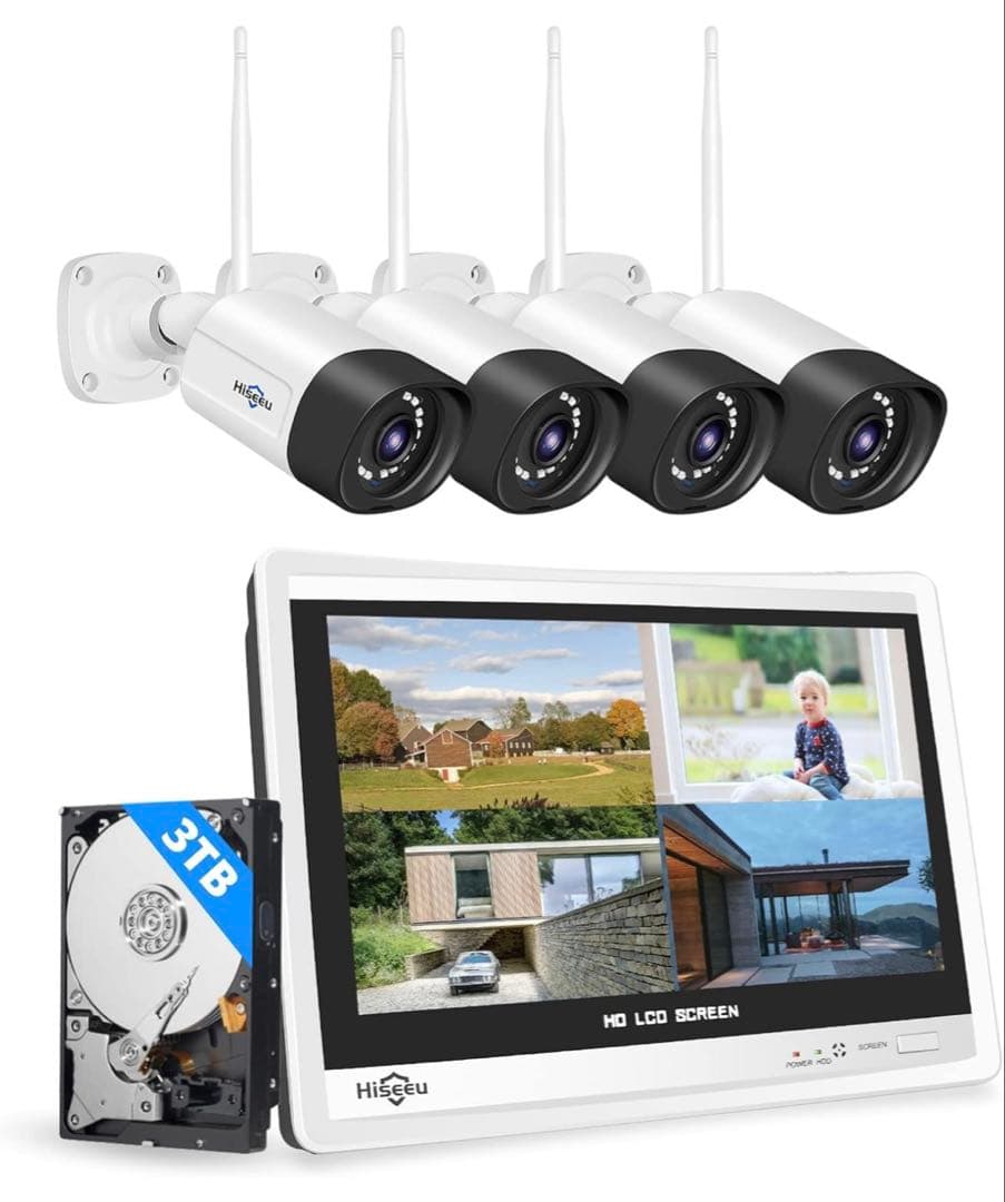 防犯カメラ 12インチLCD液晶モニタ一体型NVR ワイヤレスカメラ4台セット