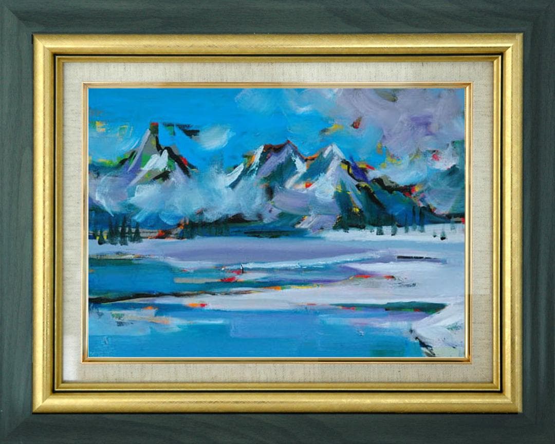 油絵 菅家令子 絵 絵画インテリア額付(青緑＋金色の枠)uF6-062903風景