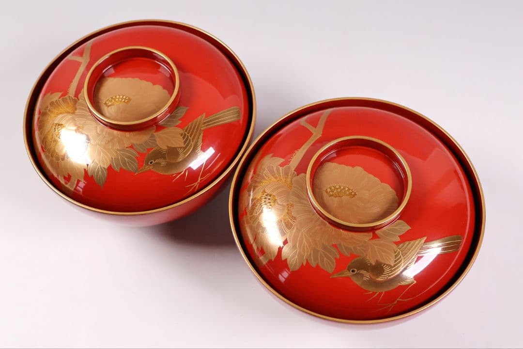 【MB178】輪島塗 花鳥金蒔絵 朱塗椀 二客 煮物椀 天然木漆塗 鶯牡丹 昭和