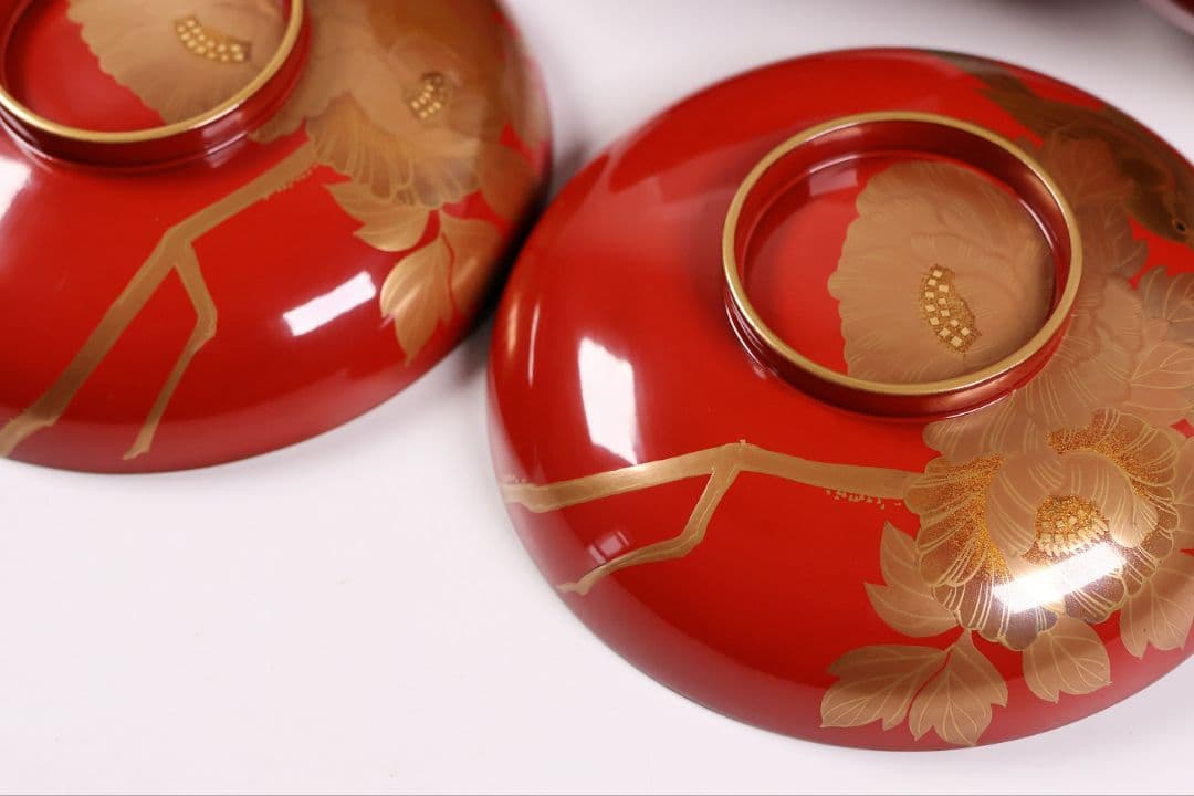 【MB178】輪島塗 花鳥金蒔絵 朱塗椀 二客 煮物椀 天然木漆塗 鶯牡丹 昭和