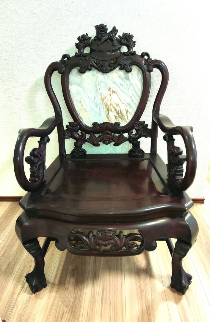 残り2脚　希少骨董　 大理石インレイ椅子　玉座　宮廷　紅木　紫檀　黒檀花梨李朝①