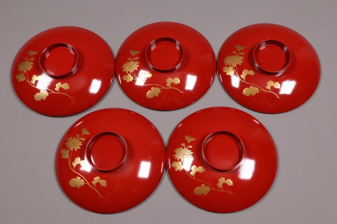 【MA776】時代木製漆器 桐鳳凰・菊 金蒔絵 朱塗 引盃 五客 木製漆器 小皿