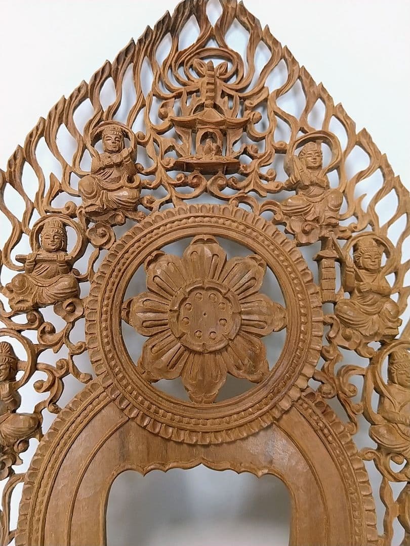 光背(3寸坐像用)#417透し彫 奏楽飛天 宝塔 ◆白檀 木彫 仏像付属品