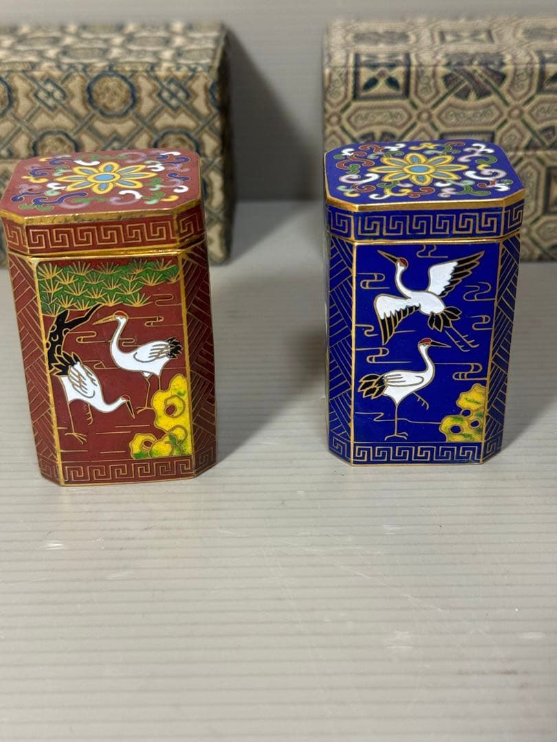 2161 七宝焼　景泰藍　鶴文　小物入れ　2客