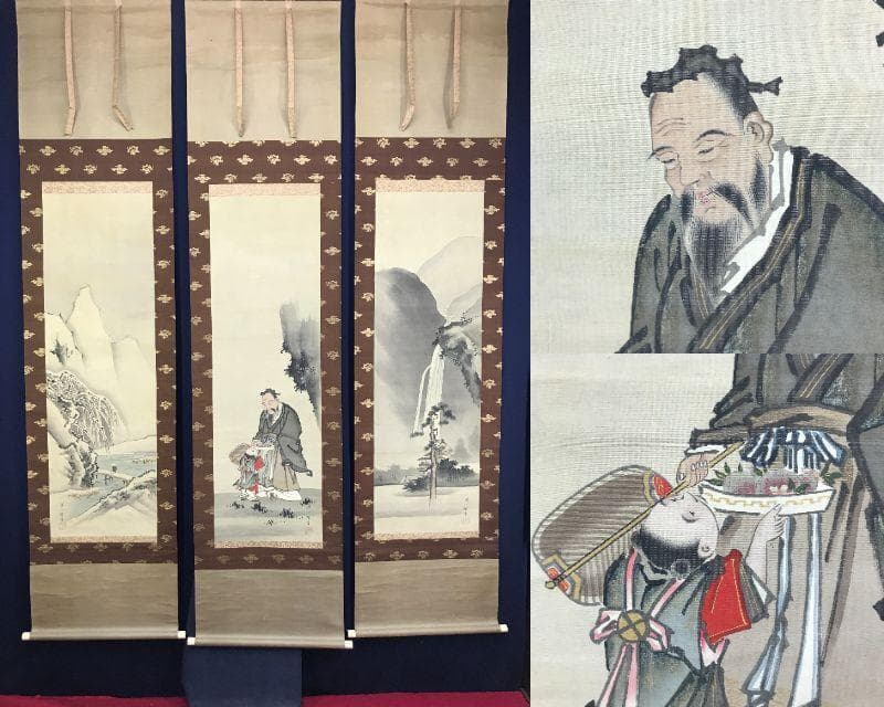 模写/英一蝶/東方朔図/桃仙人図/山水人物図/三幅対/掛軸☆宝船☆AH-692