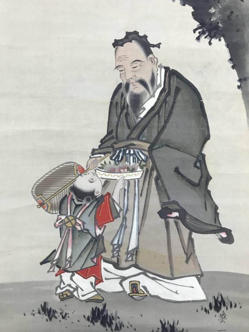 模写/英一蝶/東方朔図/桃仙人図/山水人物図/三幅対/掛軸☆宝船☆AH-692